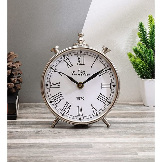 TrenDec 5 inch Dia Analog Metal Table Clock in Silver Finish 5"