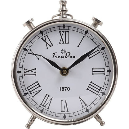 TrenDec 5 inch Dia Analog Metal Table Clock in Silver Finish 5"
