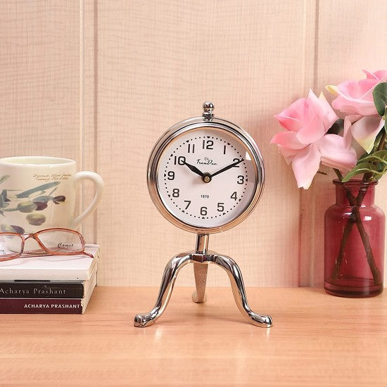 TrenDec Analog Metal Table Clock in Silver Finish 9" Height-Home N Earth