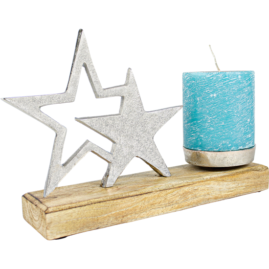 Star With Candle Holder in Mango Wood & Aluminium-Home N Earth