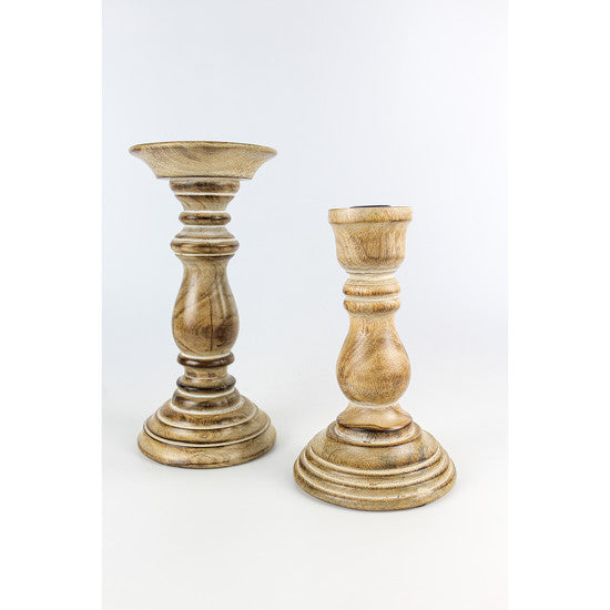 Wood Candle Holder/Candle Stand Pillar in Natural Look Set of 2-Home N Earth