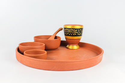 Terracotta Dinner Set (1 dinner thali , 1 big bowl ,1 medium bowl , 1 small bowl ,1 glass , 1 spoon )- Home n Earth